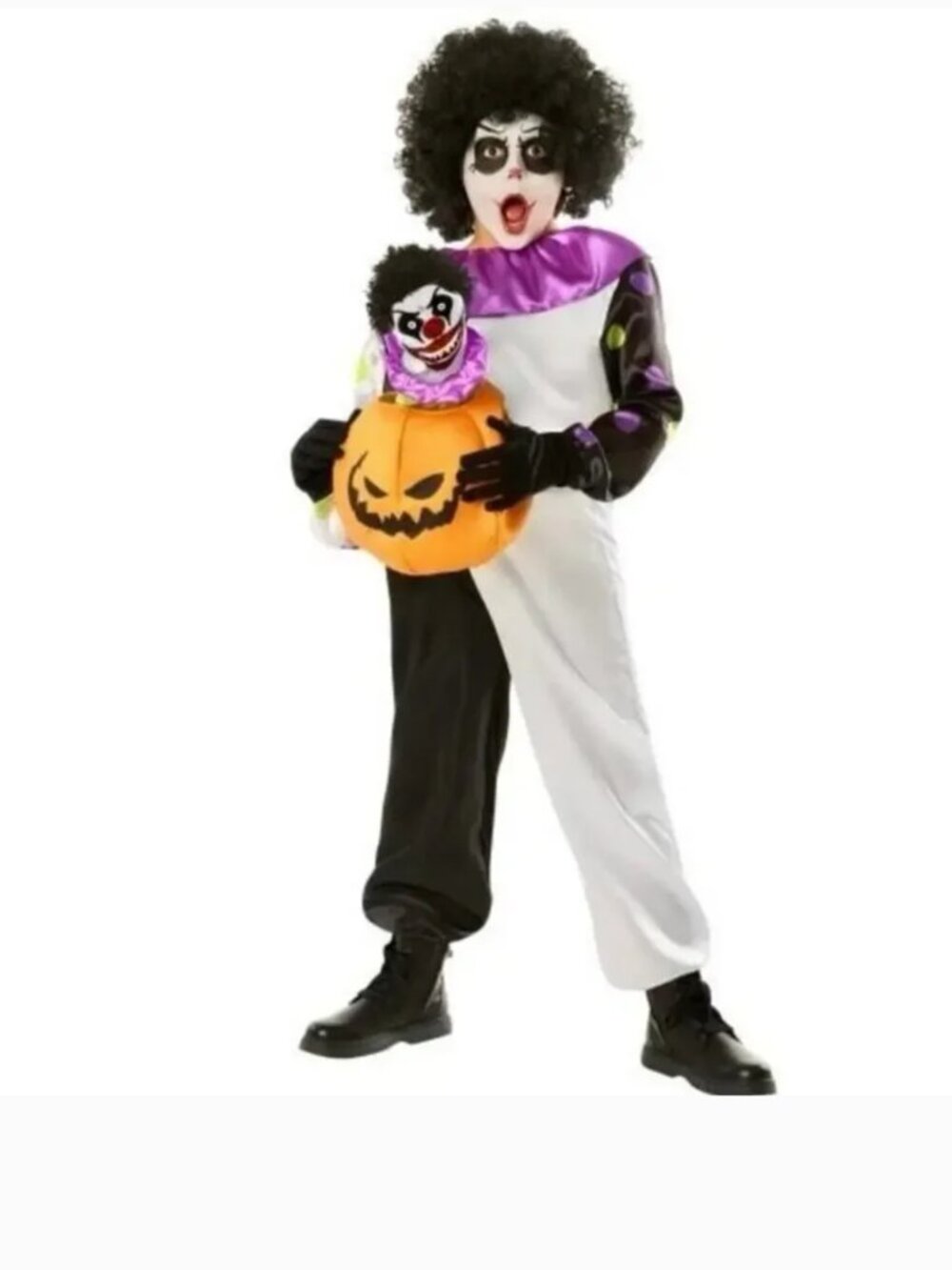 Trick Treat Clown Halloween Costume M Jumpsuit w/ Pumpkin Prop, Wig & Glove Kids